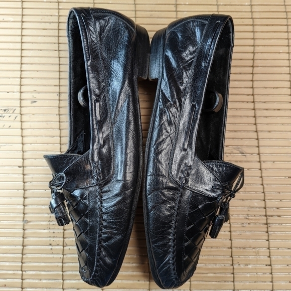 Johnston & Murphy Black Leather Woven Vamp Tassel Loafers Sz 11N Made In Italy main image 11
